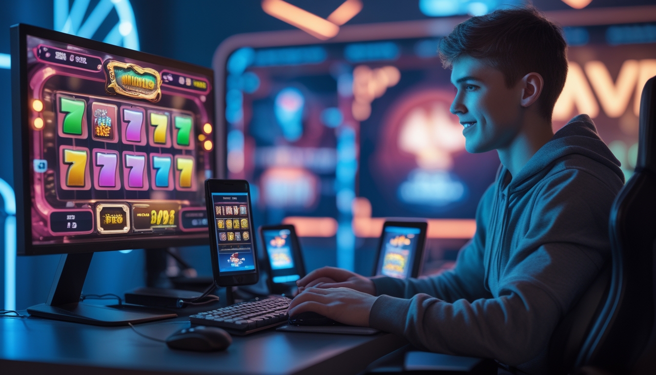 Seorang pemain muda sedang duduk di depan komputer dengan layar menampilkan permainan slot online yang berwarna-warni dan menarik.