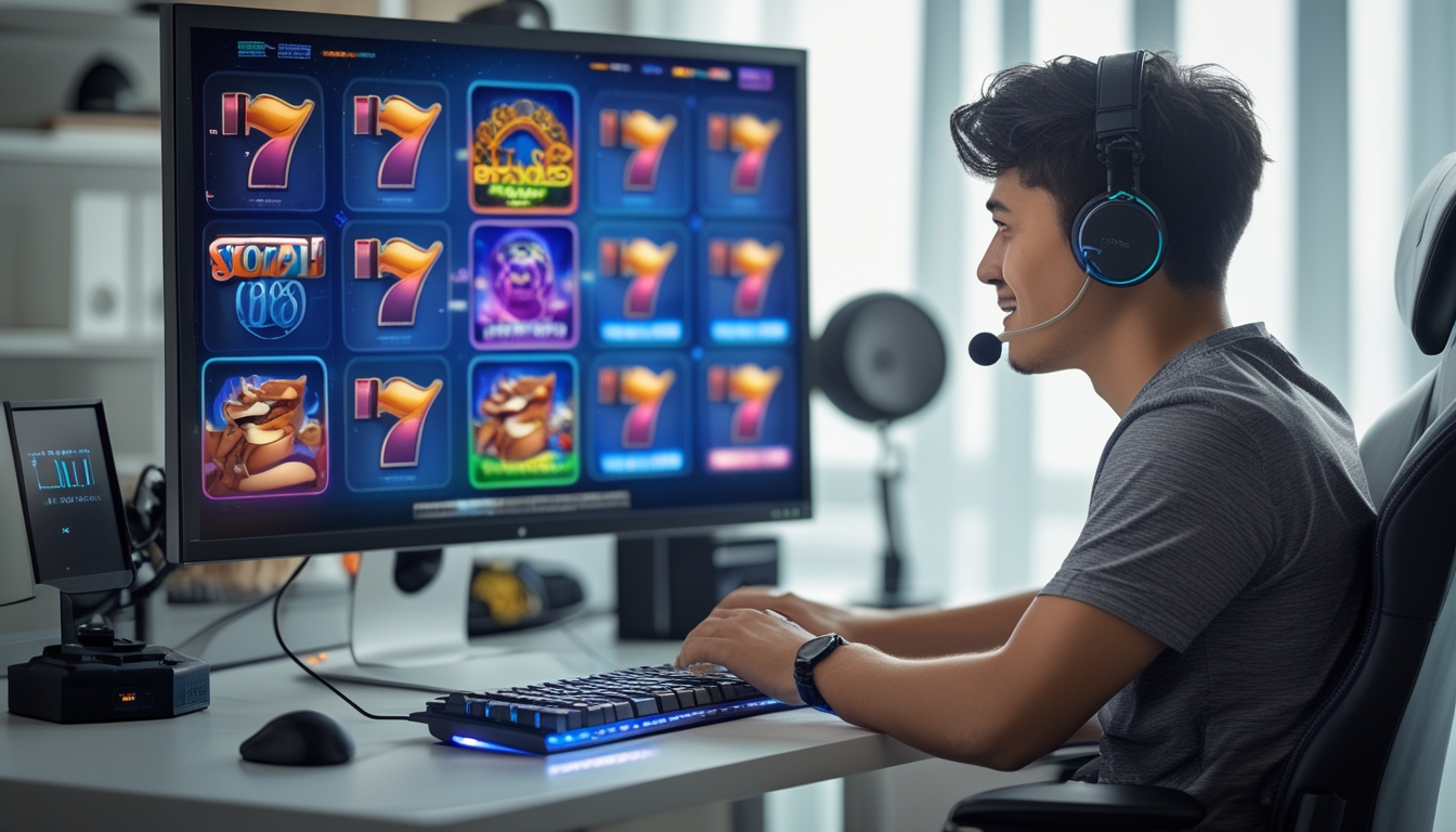 Seorang pria muda fokus bermain permainan slot online di komputer di ruang kerja yang terang dan nyaman.