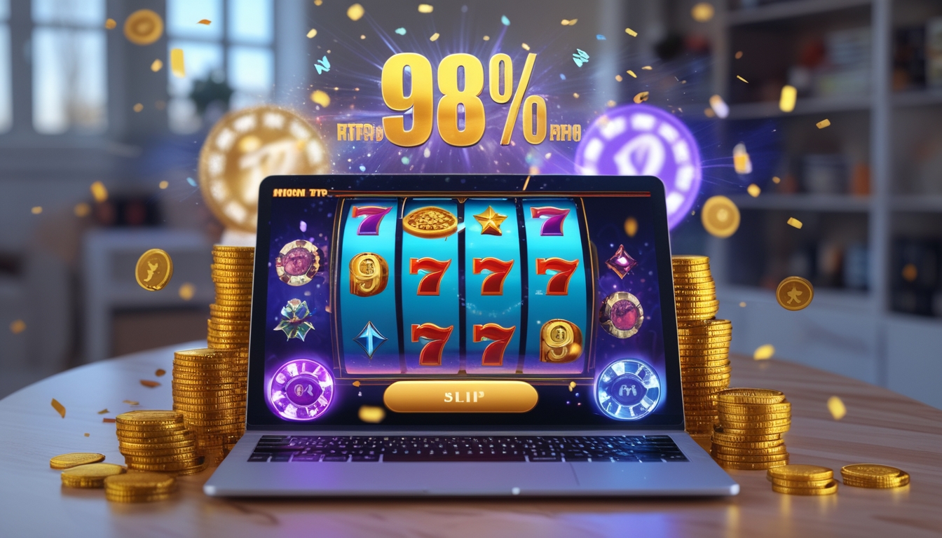 Seseorang sedang bermain permainan slot online di komputer dengan layar menampilkan simbol kemenangan dan suasana yang ceria.