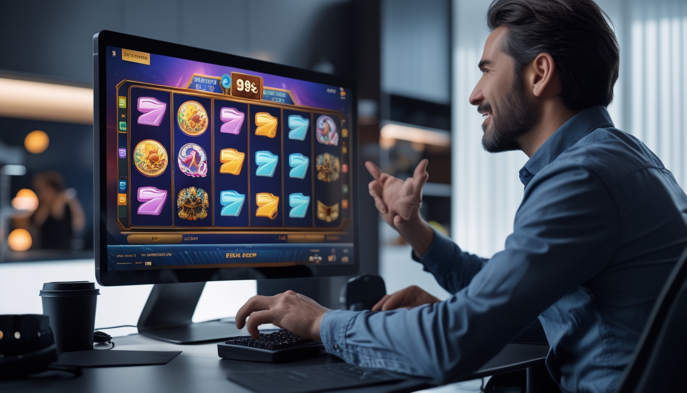 Seorang pemain dewasa sedang bermain slot online di komputer dengan antarmuka permainan yang berwarna-warni dan suasana ruangan yang nyaman.