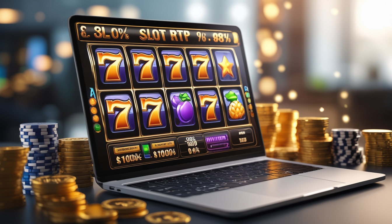 Seorang pengguna komputer dengan layar menampilkan permainan slot online berwarna cerah, dikelilingi oleh koin dan chip poker yang menunjukkan keuntungan.