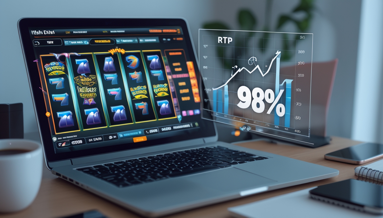 Seorang pengguna duduk di depan komputer dengan layar menampilkan permainan slot online dan grafik yang menunjukkan persentase RTP tinggi.