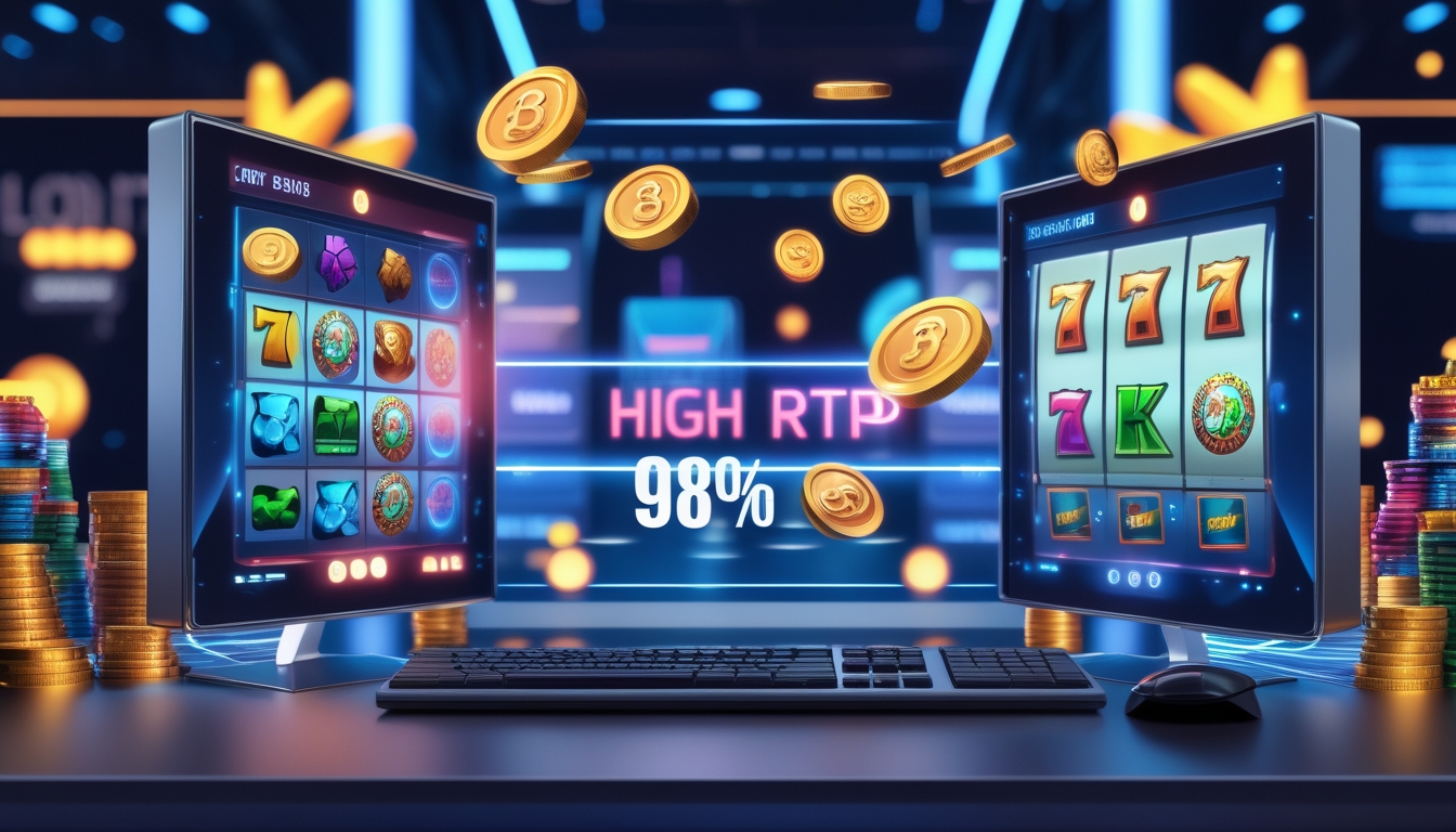 Suasana ruang permainan digital dengan komputer menampilkan grafik mesin slot warna-warni dan simbol kemenangan.
