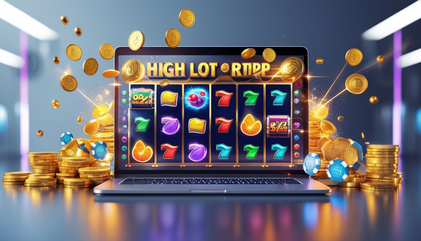 Sebuah layar komputer menampilkan permainan mesin slot online dengan simbol berwarna cerah dan koin emas di sekitarnya.
