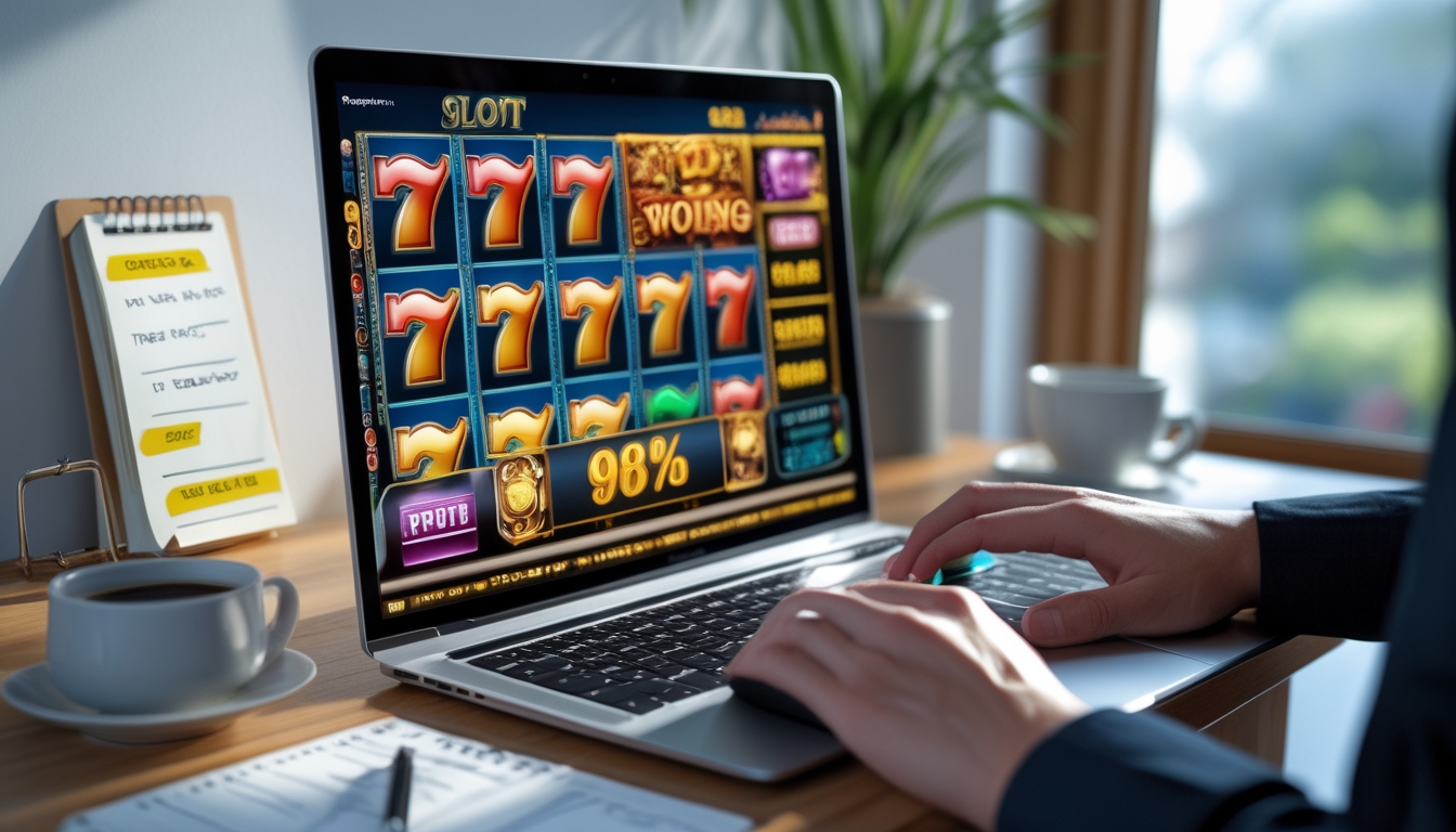 Seorang pemain sedang menggunakan laptop dengan permainan slot online yang berwarna-warni di meja kerja yang rapi, dengan suasana yang nyaman dan fokus.