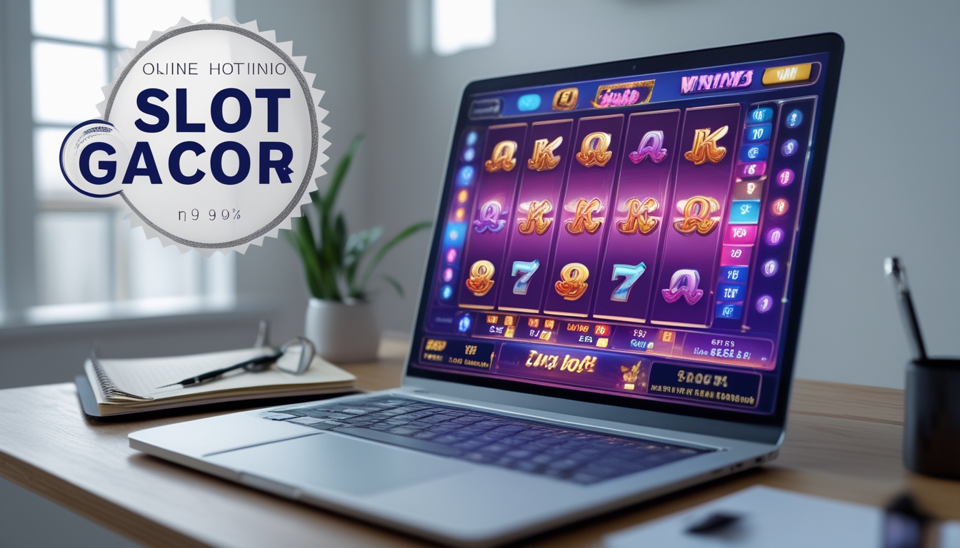 Seorang pemain sedang menggunakan komputer dengan permainan slot online yang berwarna-warni di layar, dikelilingi oleh alat tulis dan ponsel di meja kerja.