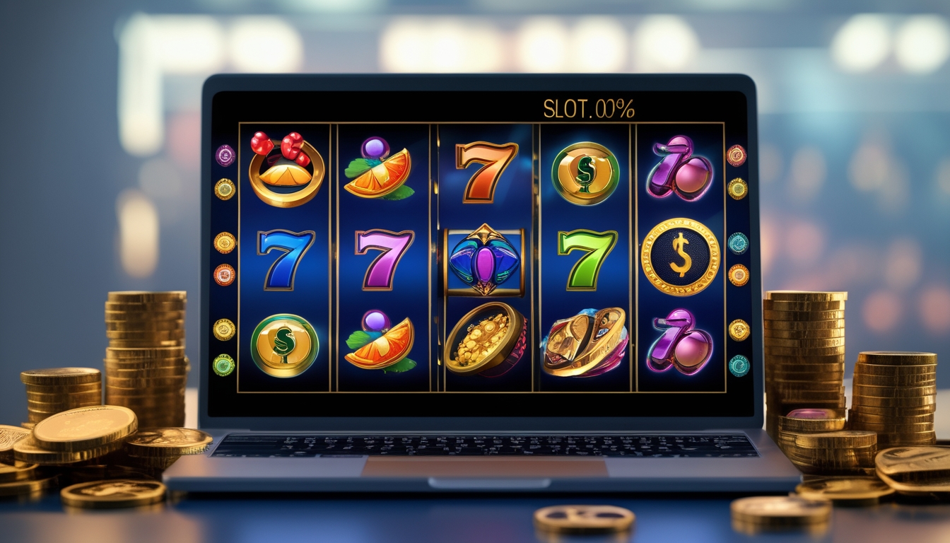 Seseorang menggunakan komputer dengan layar menampilkan permainan slot online berwarna-warni dan tumpukan chip kasino di sekitarnya.