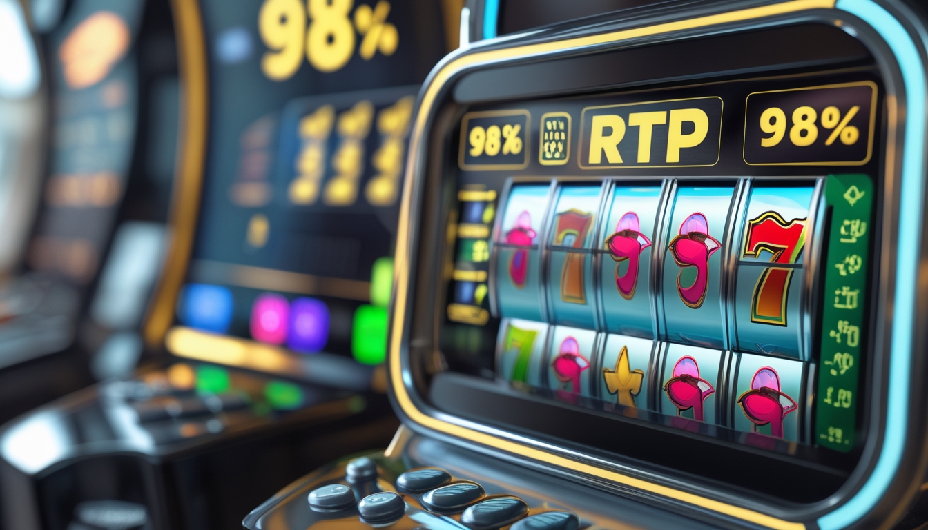 Antarmuka mesin slot online dengan simbol berputar dan grafik persentase RTP 98 persen yang menunjukkan peluang menang tinggi.