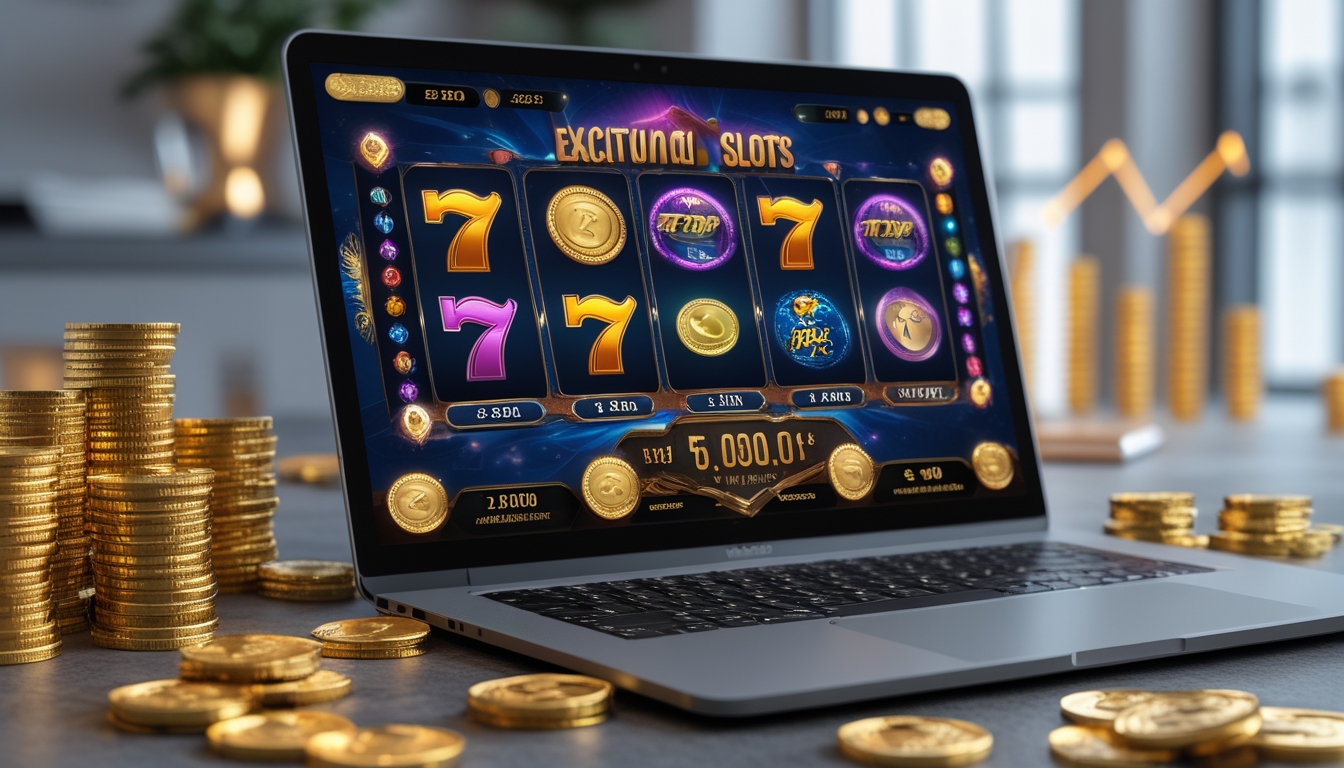Layar komputer menampilkan mesin slot online dengan grafik warna-warni, dikelilingi tumpukan koin emas dan lampu jackpot yang bersinar.