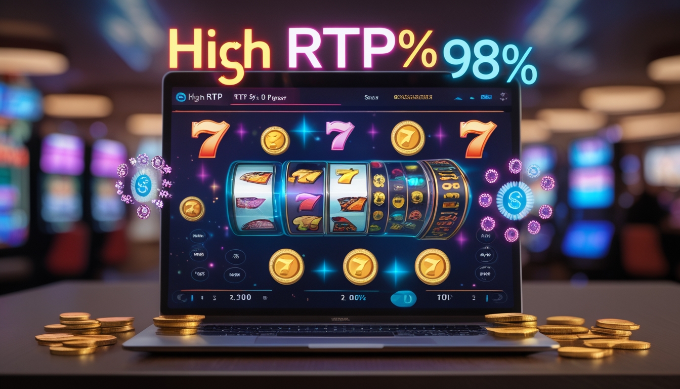 Layar komputer menampilkan permainan slot online dengan simbol warna-warni, koin, dan elemen digital yang menunjukkan peluang jackpot tinggi.