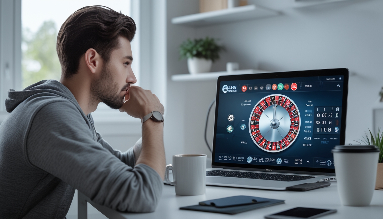 Seorang pria muda duduk di meja dengan laptop yang menampilkan permainan roulette online, tampak fokus dan serius.