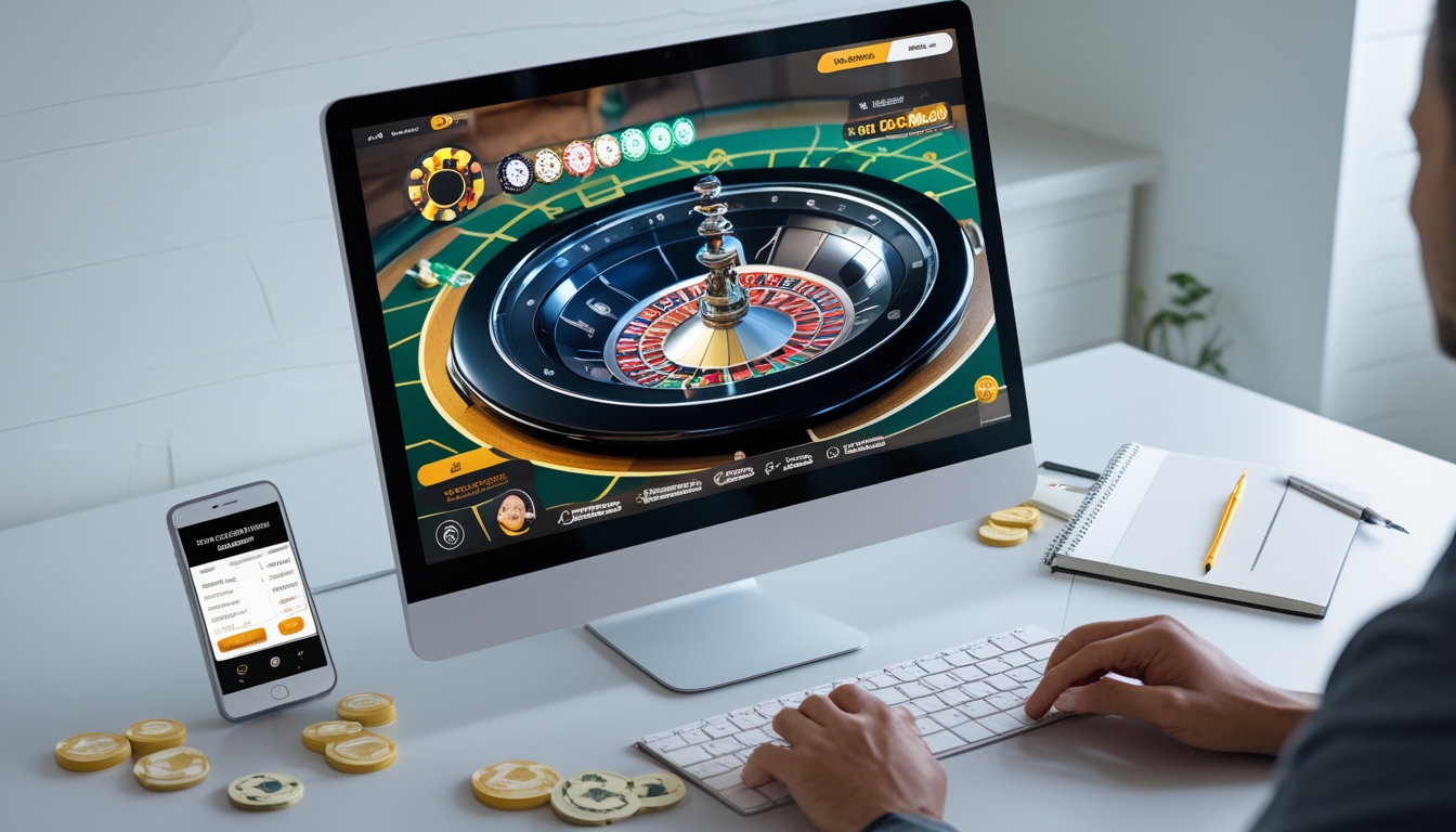 Seorang pemula sedang belajar bermain live roulette online di depan komputer dengan tampilan roda roulette dan dealer di layar, dikelilingi oleh chip dan perangkat pendukung permainan.