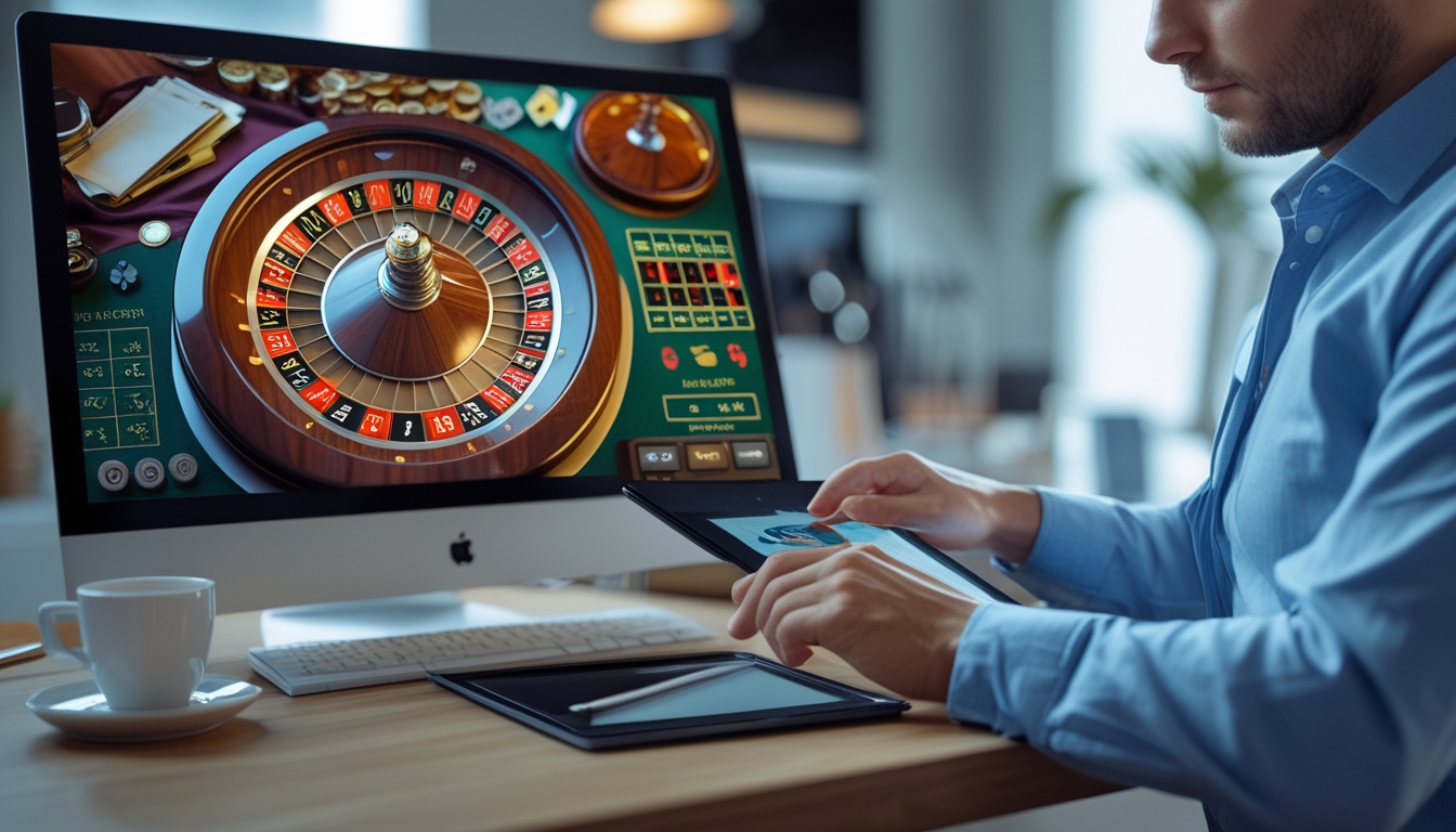Seorang individu fokus bermain roulette online dengan layar komputer menampilkan permainan roulette langsung dan mencatat strategi taruhan di meja kerja.