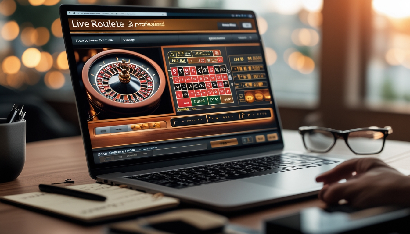 Seseorang sedang menggunakan komputer dengan tampilan roda roulette hidup dan meja taruhan, dikelilingi oleh buku catatan dan alat tulis di meja.