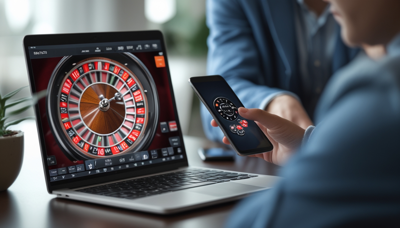 Seseorang menggunakan laptop dan ponsel untuk bermain roulette online dengan roda roulette berputar di layar.