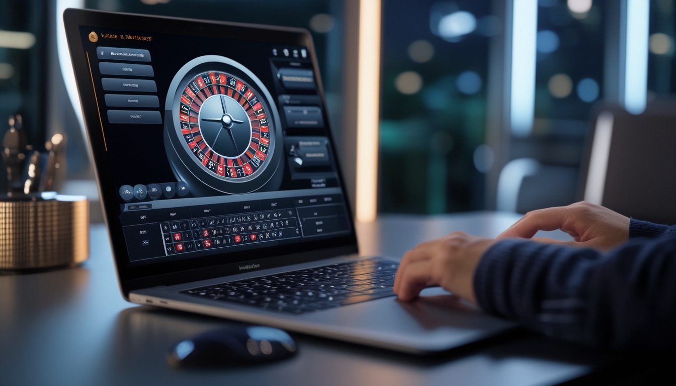 Seseorang sedang bermain roulette online dengan tampilan roda roulette dan meja taruhan di layar komputer.
