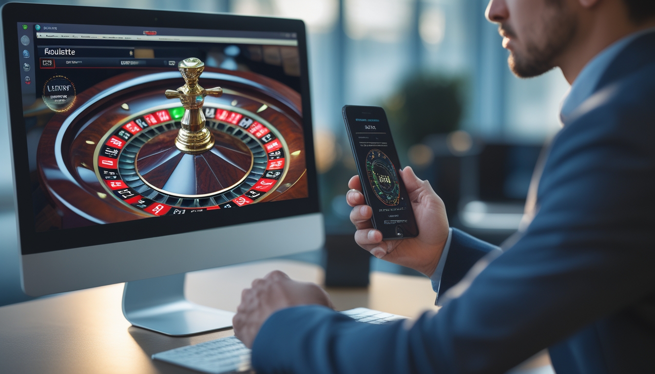 Seseorang yang fokus melihat layar komputer yang menampilkan permainan roulette online dengan roda roulette berwarna merah dan hitam yang sedang berputar.