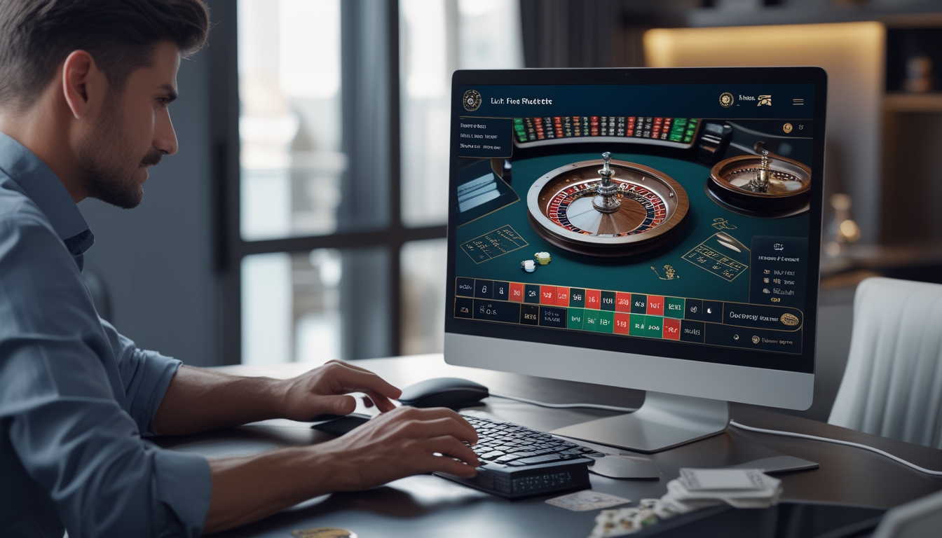 Seorang pemain fokus menggunakan komputer untuk bermain live roulette online di meja dengan roda roulette yang berputar.
