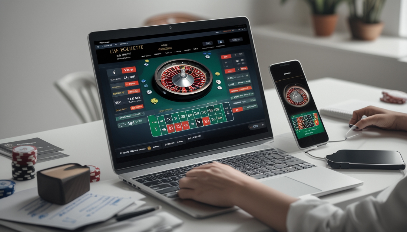 Seorang pemain menggunakan laptop untuk bermain roulette langsung online dengan catatan dan ponsel di meja sebagai alat bantu strategi.