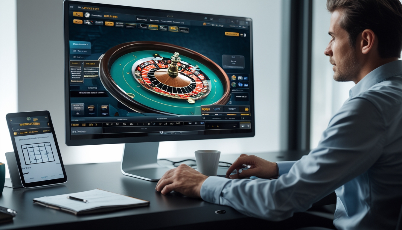 Seorang pemain dewasa duduk di depan komputer yang menampilkan permainan roulette langsung dengan meja dan roda roulette yang jelas terlihat, sambil mencatat strategi di sekitarnya.