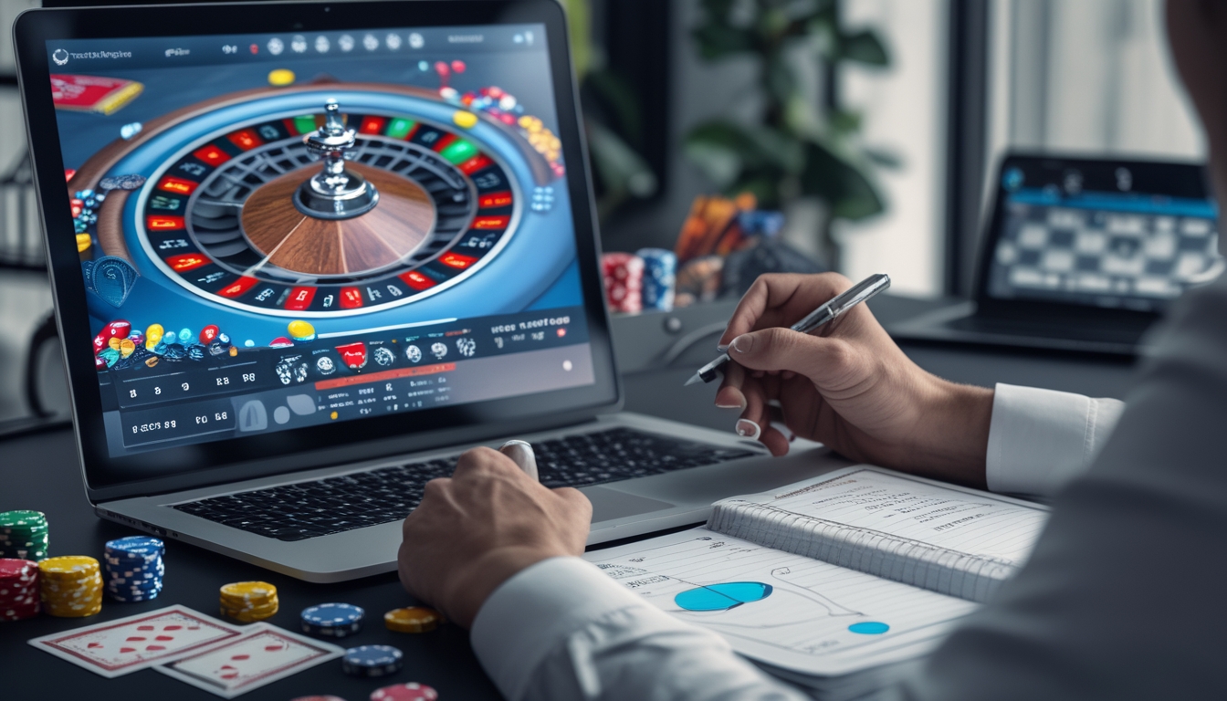 Seorang pemain fokus melihat layar komputer dengan permainan roulette online, mencatat peluang dan pola putaran dengan alat tulis di meja.