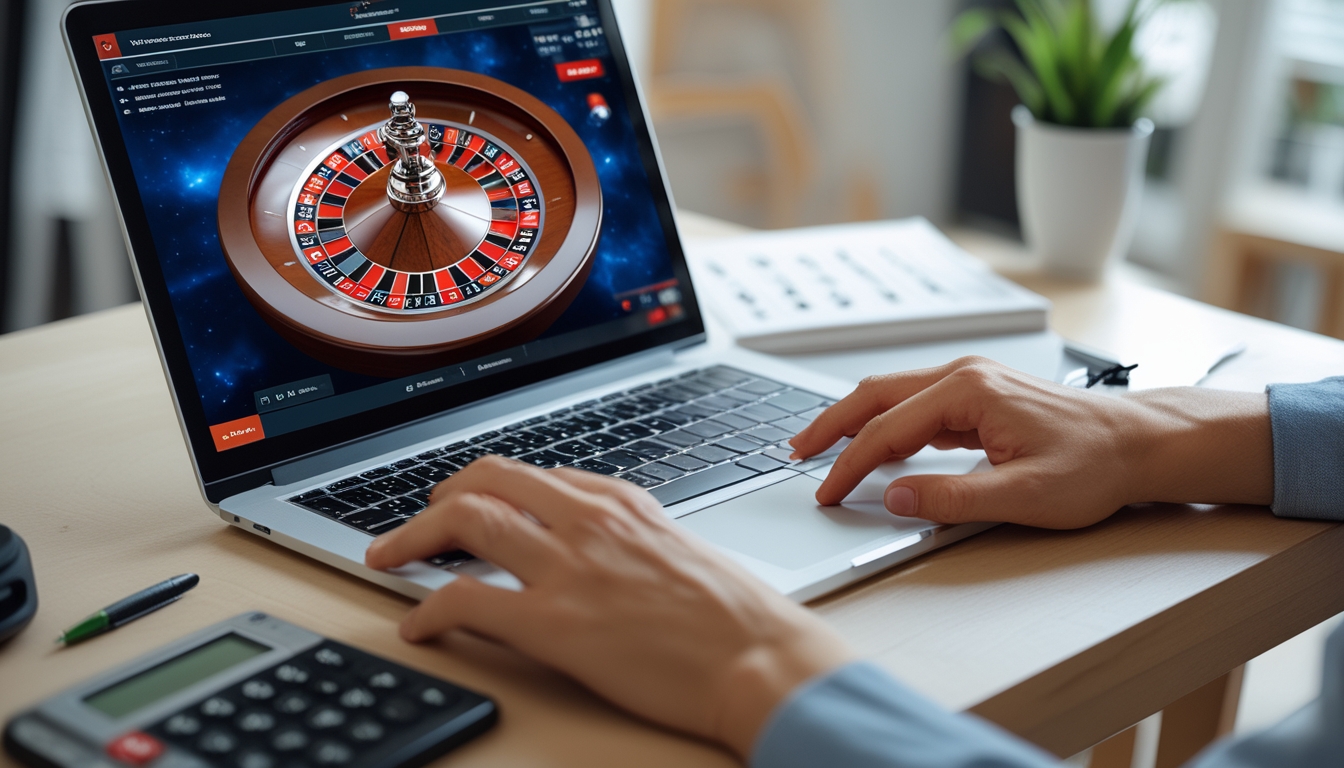 Seseorang menggunakan komputer untuk bermain roulette online dengan roda roulette yang terlihat di layar dan alat tulis di meja.