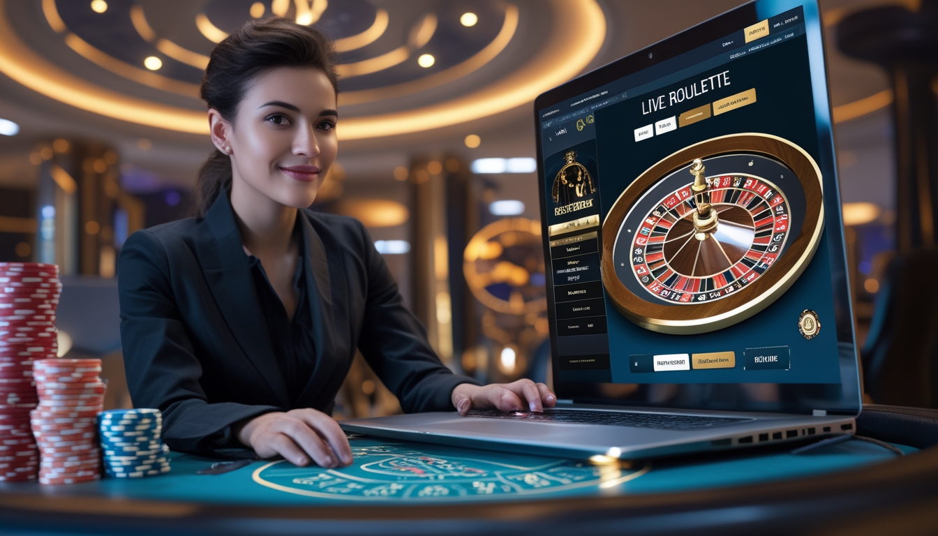 Seorang pemain fokus di meja permainan dengan laptop yang menampilkan permainan roulette langsung, di lingkungan kasino yang mewah dan terang.