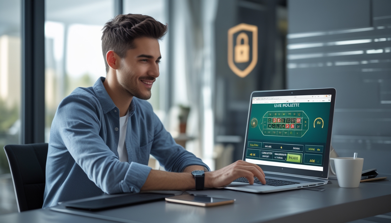 Seorang pria muda duduk di meja dengan laptop yang menampilkan permainan roulette online, tampak fokus dan percaya diri.