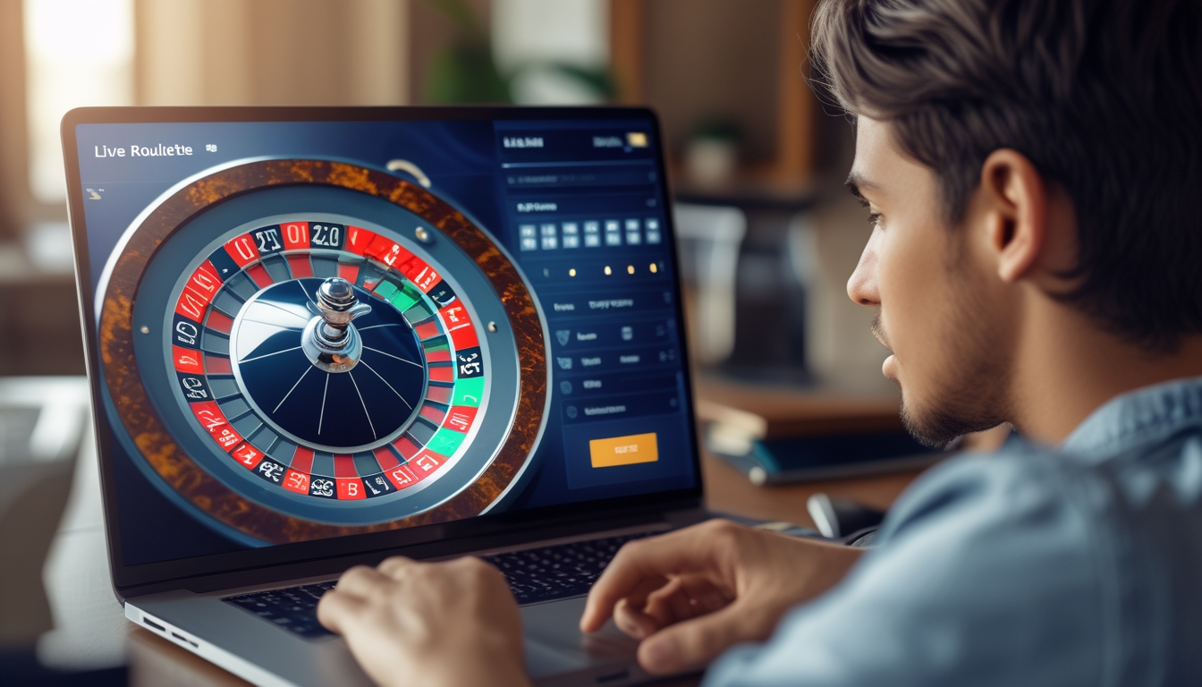 Seorang pemain muda fokus menggunakan komputer untuk bermain roulette online dengan latar ruang tamu yang nyaman.