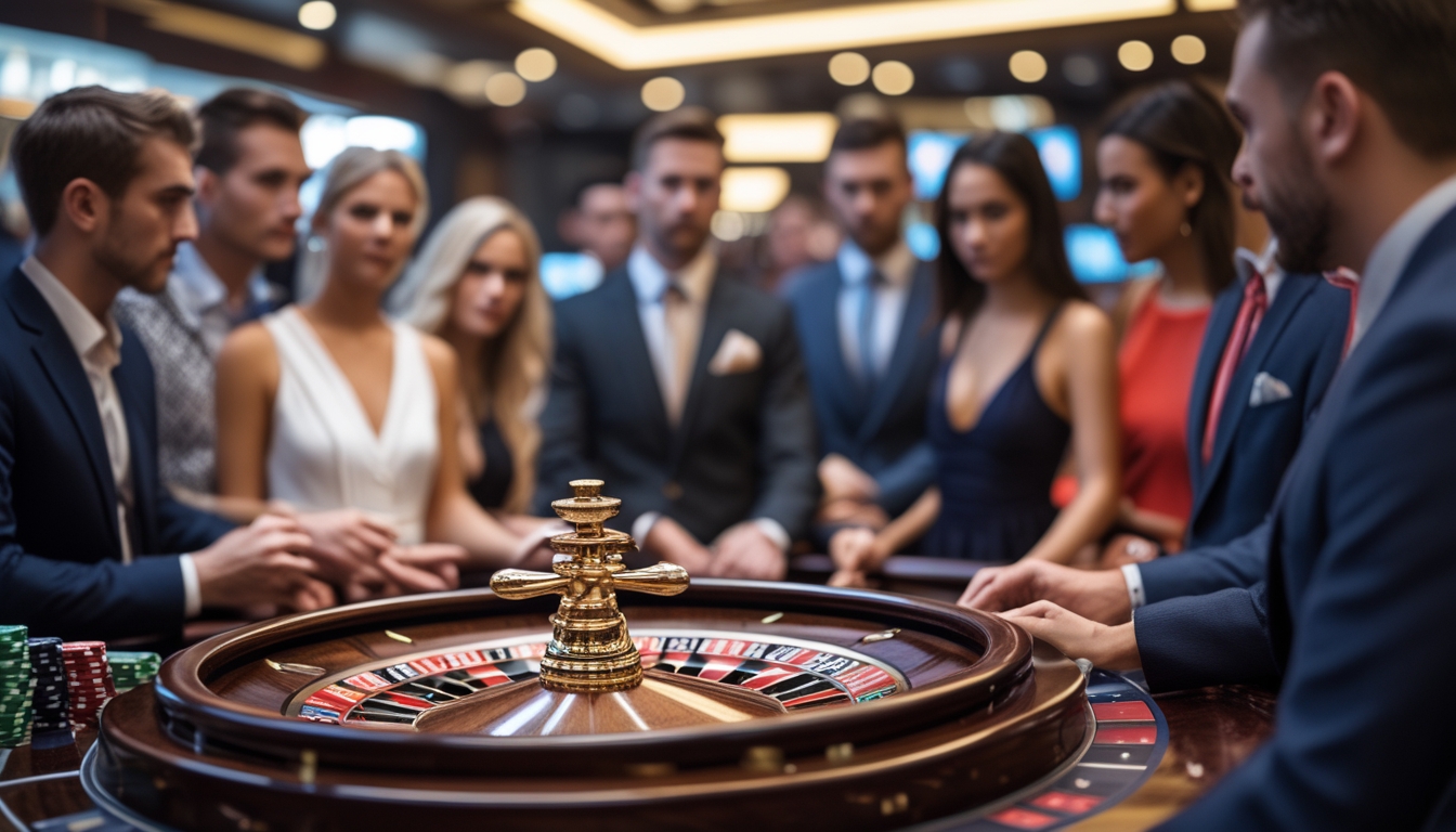 Meja roulette langsung dengan pemain yang fokus mengamati roda roulette dan tumpukan chip di meja taruhan.