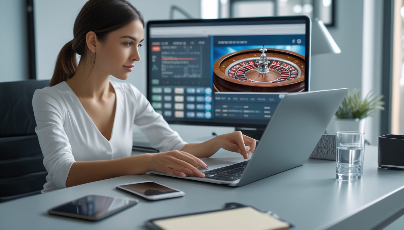 Seorang wanita muda duduk di meja modern dengan laptop yang menampilkan permainan roulette online, sambil mengelola strategi dan anggaran dengan serius.