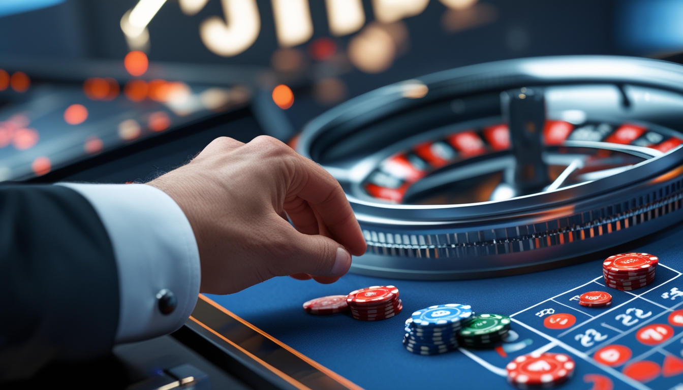 Seorang pemain sedang mengelola chip taruhan di depan layar yang menampilkan roda roulette digital dalam permainan live roulette online.