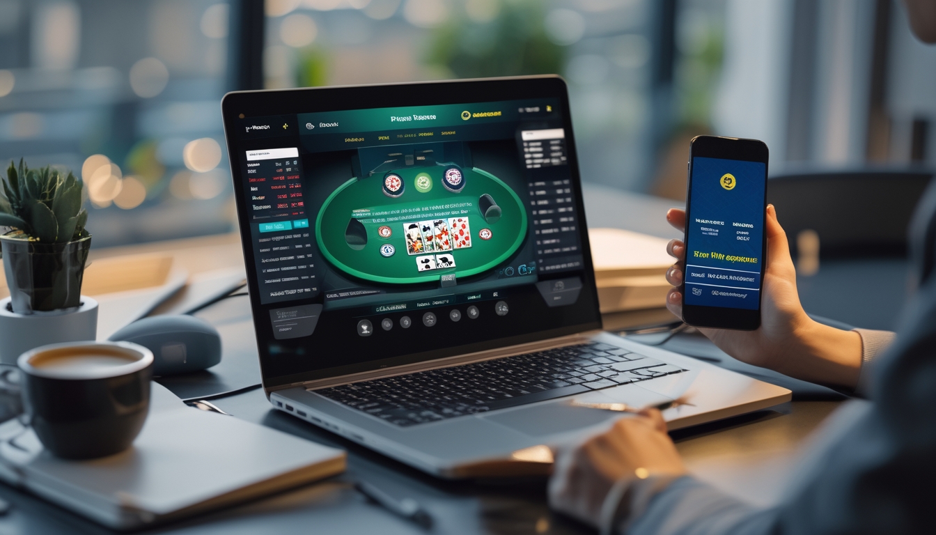Seorang pria menggunakan laptop dengan tampilan permainan poker online dan smartphone yang menampilkan konfirmasi pembayaran di meja kerja yang rapi.