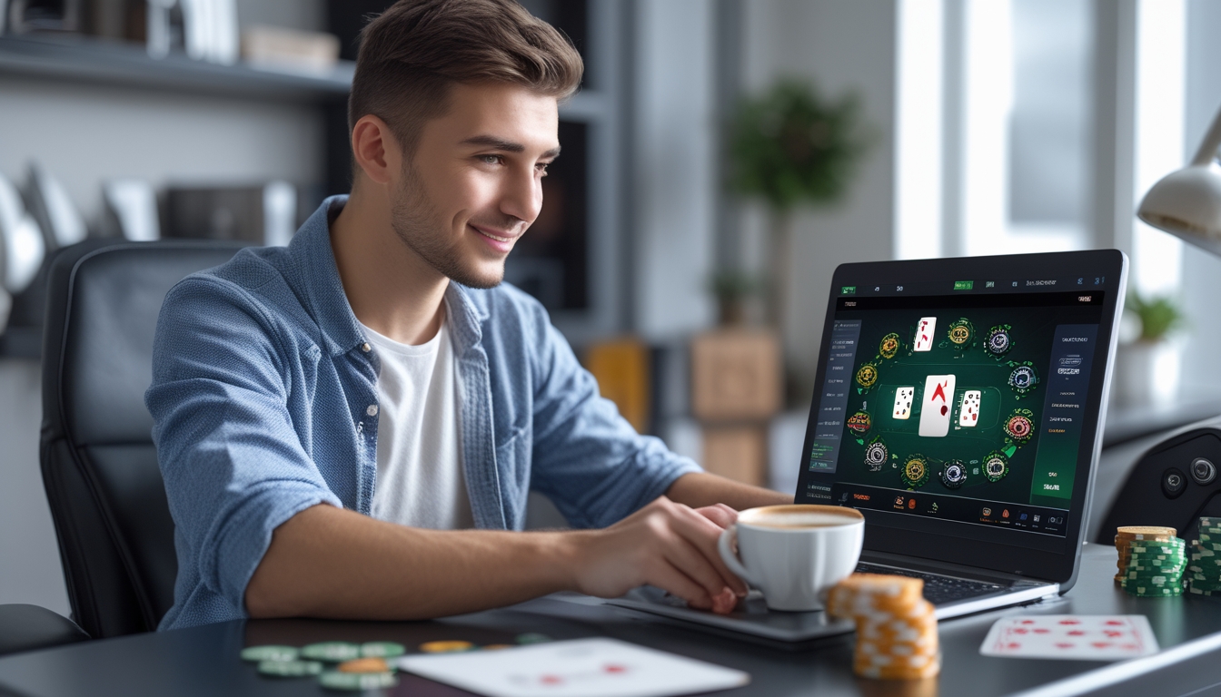 Seorang pria muda duduk di meja dengan laptop yang menampilkan permainan poker online, dikelilingi oleh chip poker dan kartu remi.