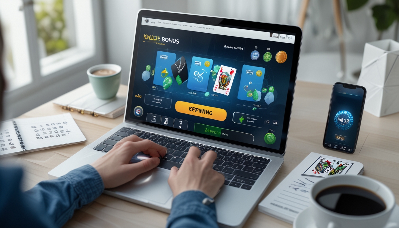 Seorang pemain poker online menggunakan komputer dengan kartu dan chip poker di layar, di meja terdapat catatan dan kopi.