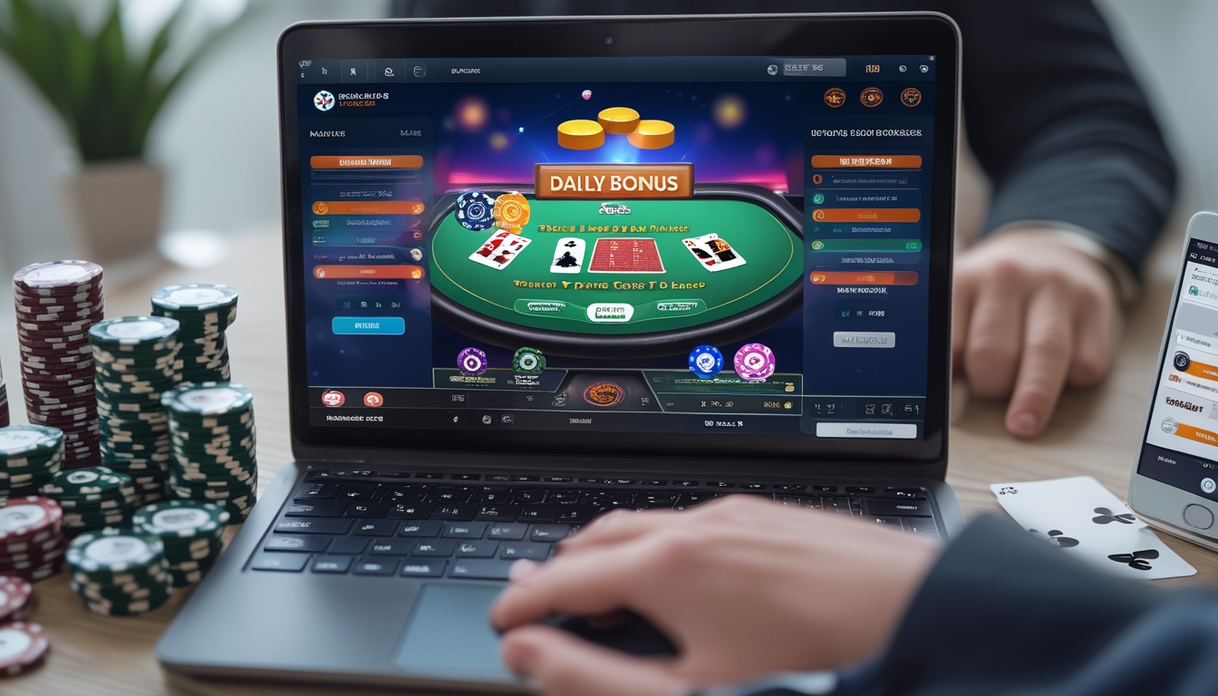 Seorang pemain poker online dengan laptop menampilkan permainan poker dan tumpukan chip di meja.