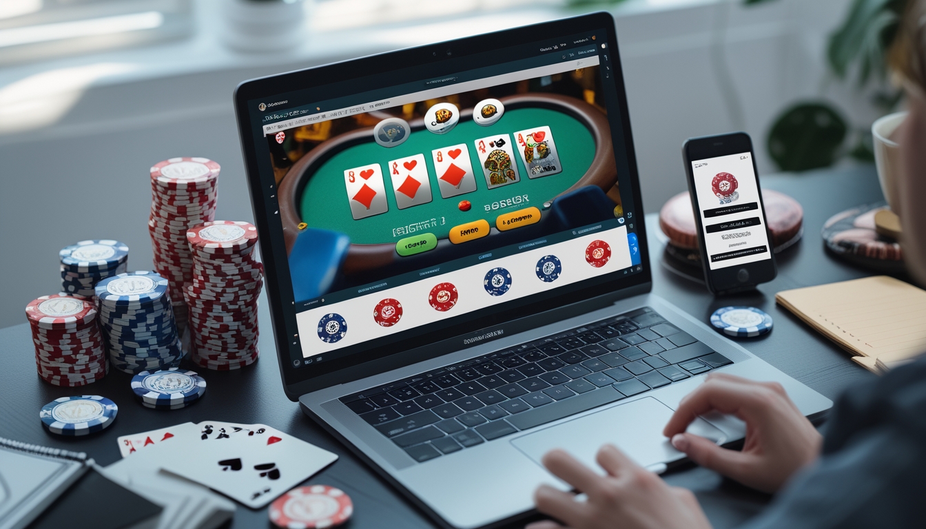 Seorang pemain poker online sedang bermain di depan laptop dengan kartu dan chip poker di meja, menunjukkan suasana fokus dan semangat menang.