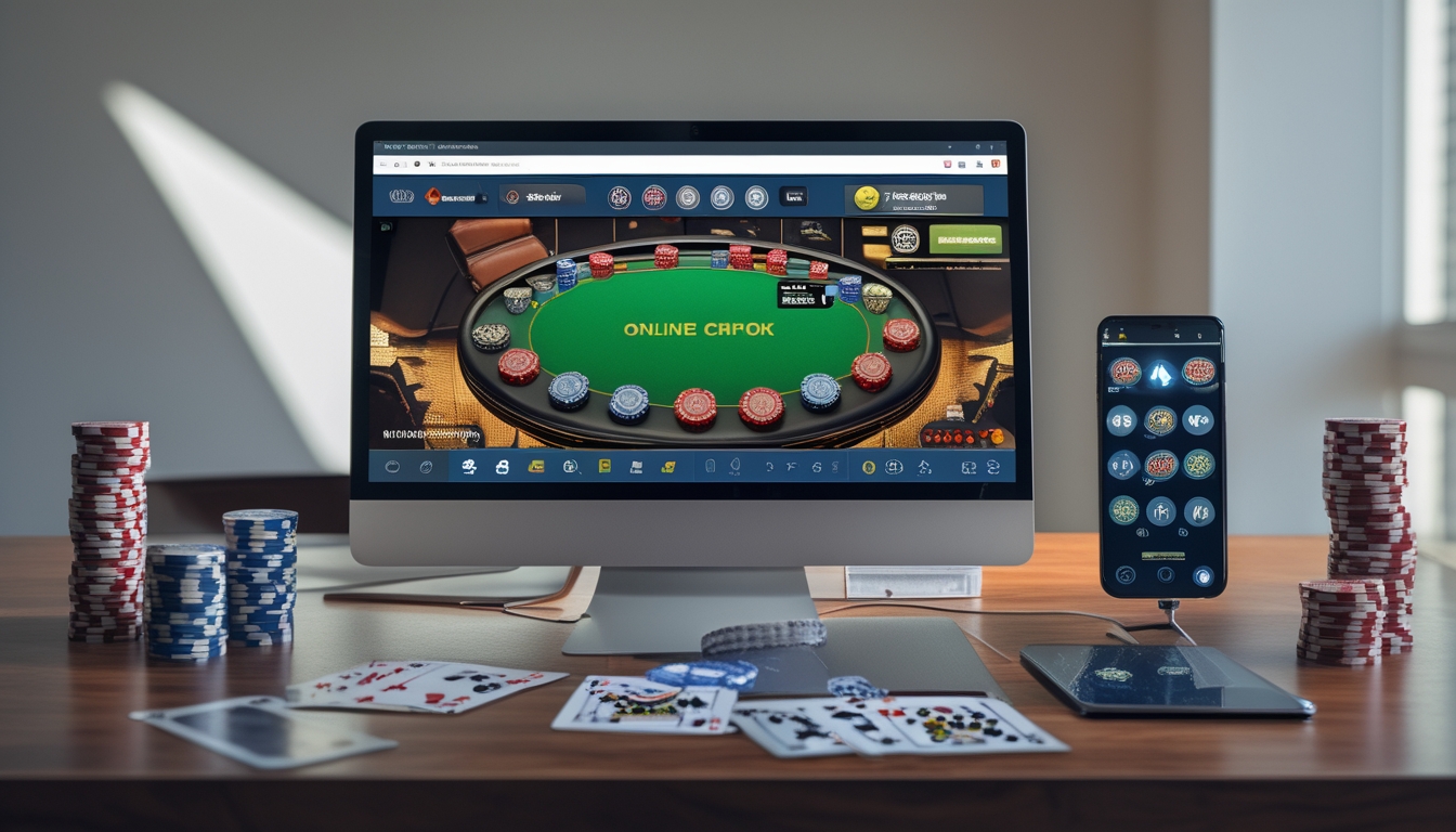 Sebuah meja dengan laptop yang menampilkan permainan poker online, tumpukan chip poker, kartu bermain, dan ponsel dengan notifikasi bonus.