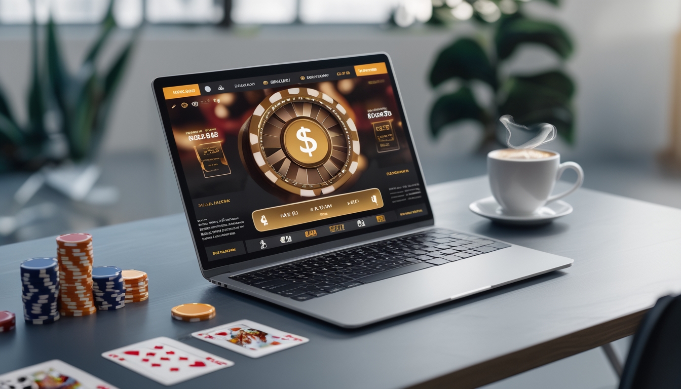 Seorang pemain poker online menggunakan komputer dengan tumpukan chip poker dan kartu di meja kayu yang rapi.