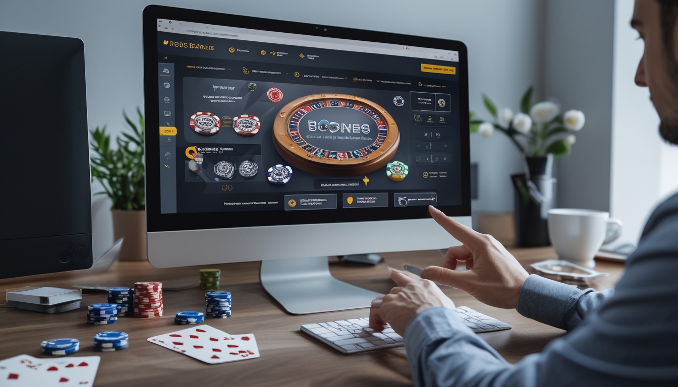 Seseorang menggunakan komputer dengan permainan poker online di layar, dikelilingi oleh chip dan kartu poker di meja.