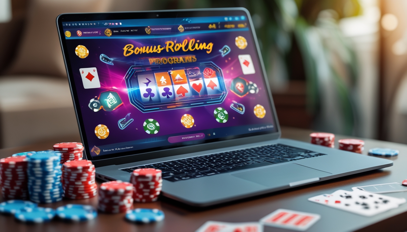 Seorang pemain poker online menggunakan laptop dengan tumpukan chip poker dan kartu di atas meja kayu.