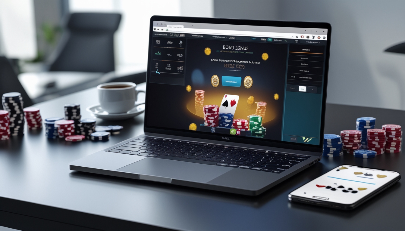 Seorang pemain poker online menggunakan komputer dengan tumpukan chip poker dan kartu bermain di meja, di ruang kerja yang rapi dan terang.