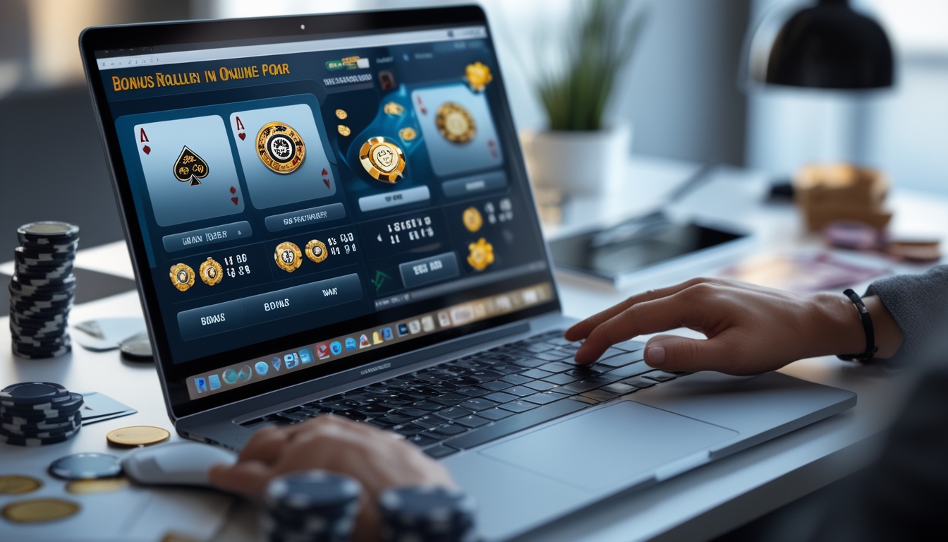 Seorang pemain poker online menggunakan laptop dengan tumpukan chip dan kartu di meja, menunjukkan suasana bermain poker dan bonus dalam permainan.