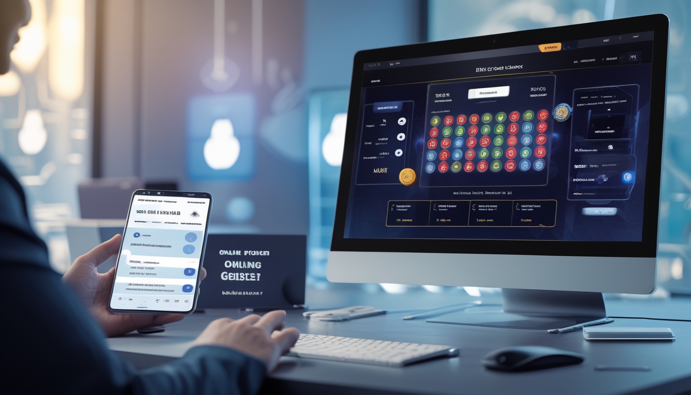 Seorang pemain menggunakan komputer dan ponsel untuk bermain poker online dengan tumpukan chip dan kartu di meja.