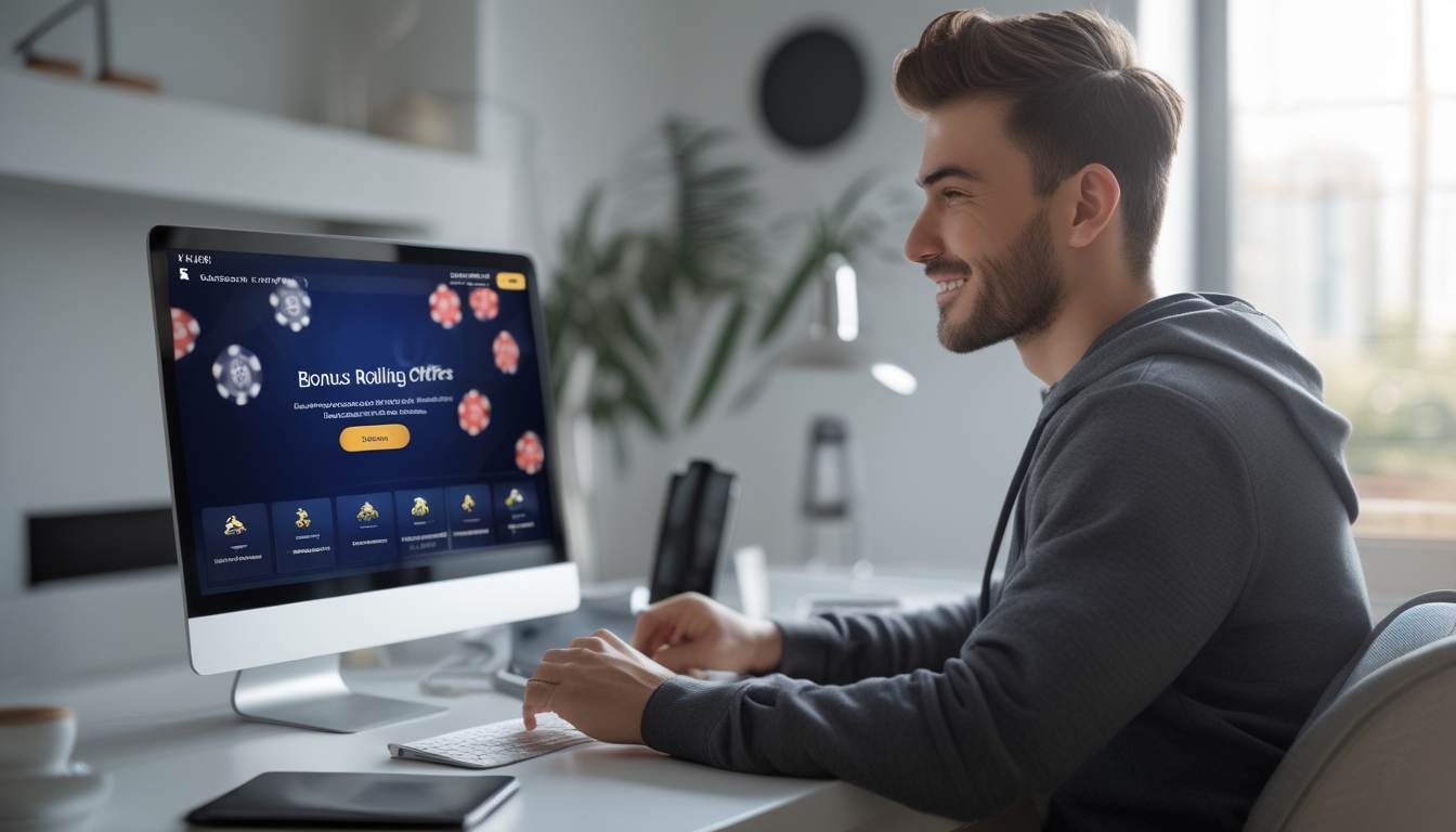Seorang pria muda duduk di meja dengan laptop, terlihat sedang menggunakan situs poker online di ruangan rumah yang terang.