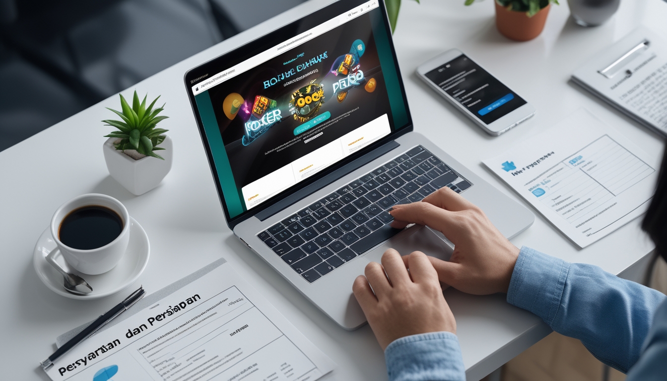 Meja kerja dengan laptop yang menampilkan situs poker online, tangan seseorang sedang mengetik, dokumen persiapan, dan suasana yang rapi.