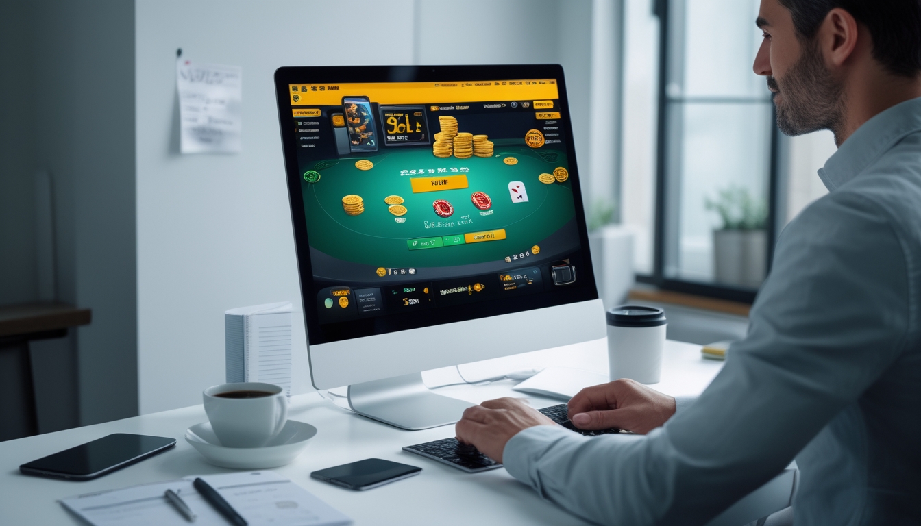 Seorang pemain dewasa fokus bermain poker online di depan laptop di meja kerja yang rapi dengan chip poker dan kartu terlihat di layar.