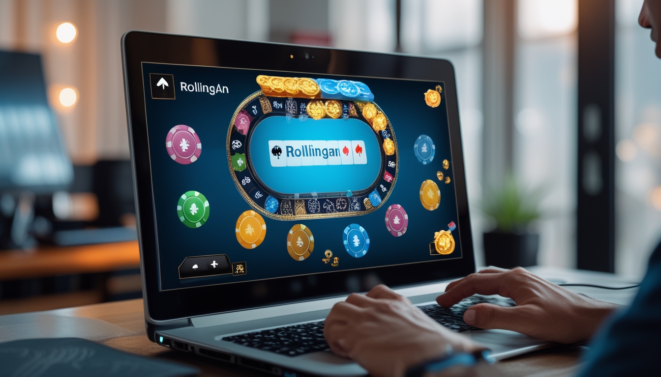 Seorang pemain sedang bermain poker online di depan layar komputer dengan chip poker dan kartu bermain terlihat.
