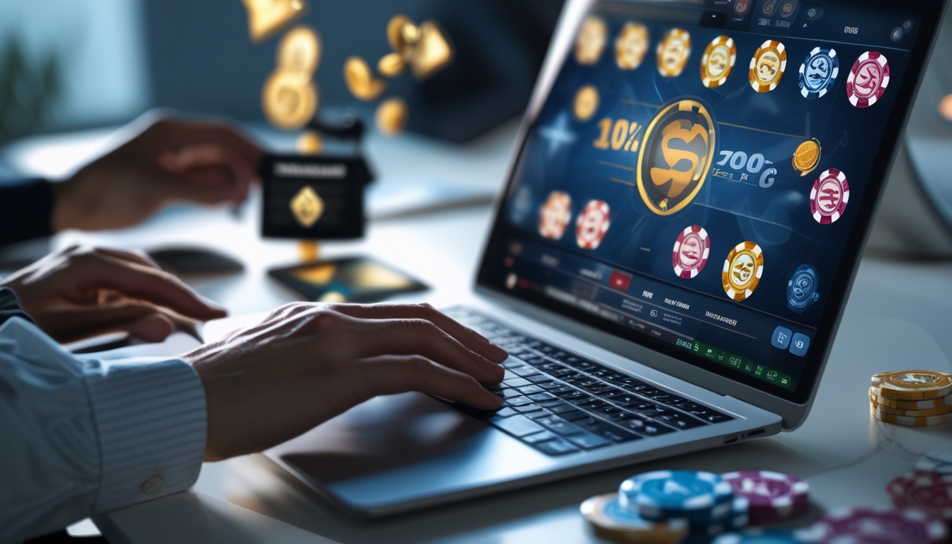 Seseorang bermain poker online di depan komputer dengan tumpukan chip dan kartu poker terlihat di layar.