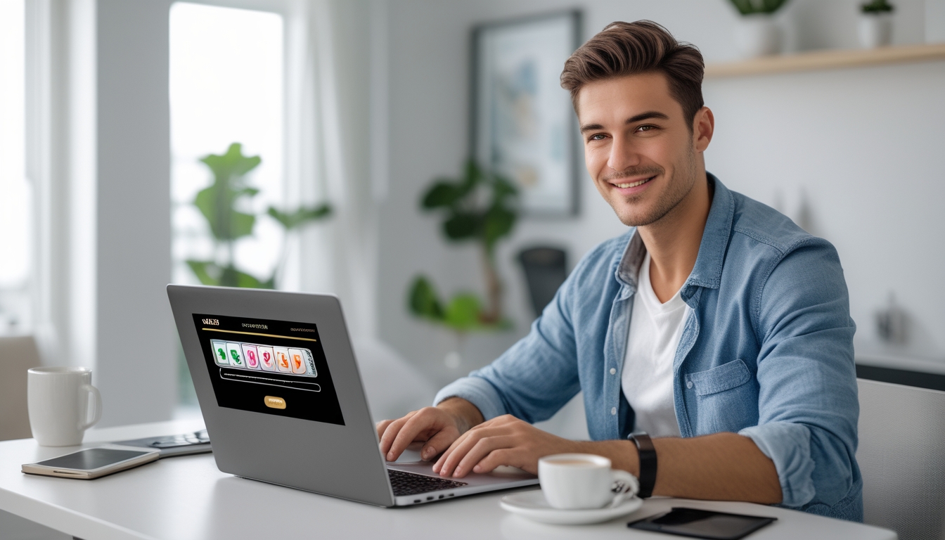 Seorang pria muda duduk di meja dengan laptop terbuka, terlihat fokus dan tersenyum, di ruang tamu modern dengan tanaman dan dekorasi minimalis.